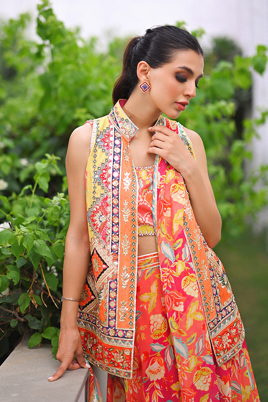 Pakistani Tangerine Embellished Khaddi Silk Pre-Draped Sari (3-Piece) - Image 7