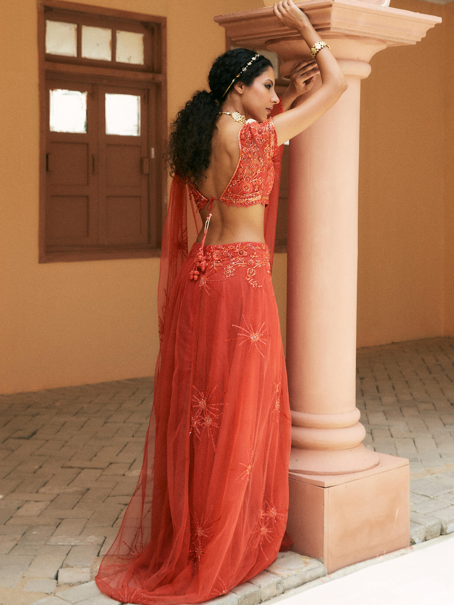 Pakistani Carrot Embroidered Net Pre-Draped Sari (2-Piece) - Image 4