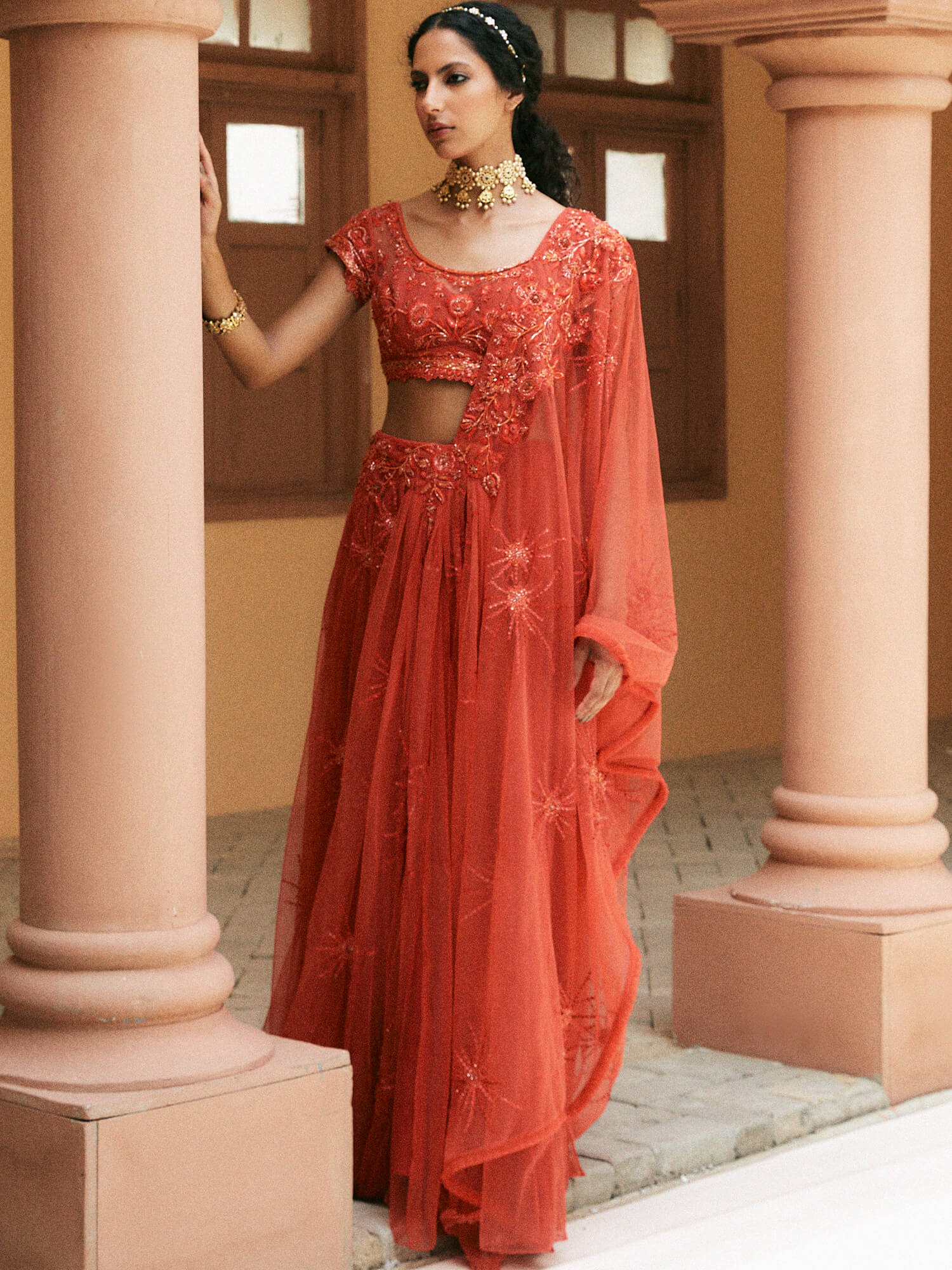 Indian Carrot Embroidered Net Saree Set (2-Piece) - Image 1