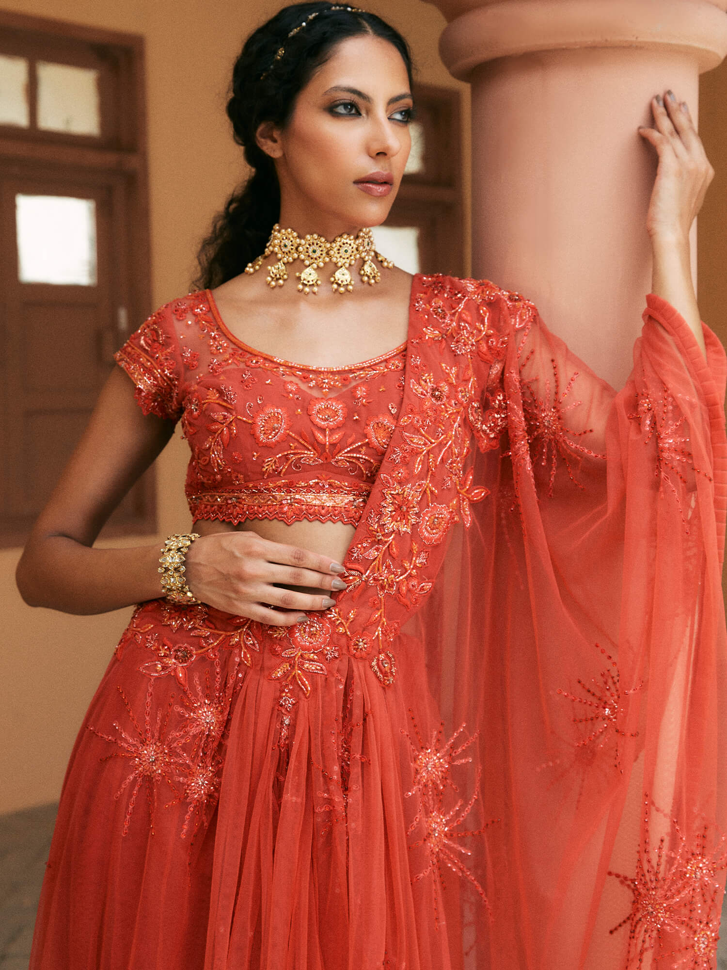 Indian Carrot Embroidered Net Saree Set (2-Piece) - Image 2