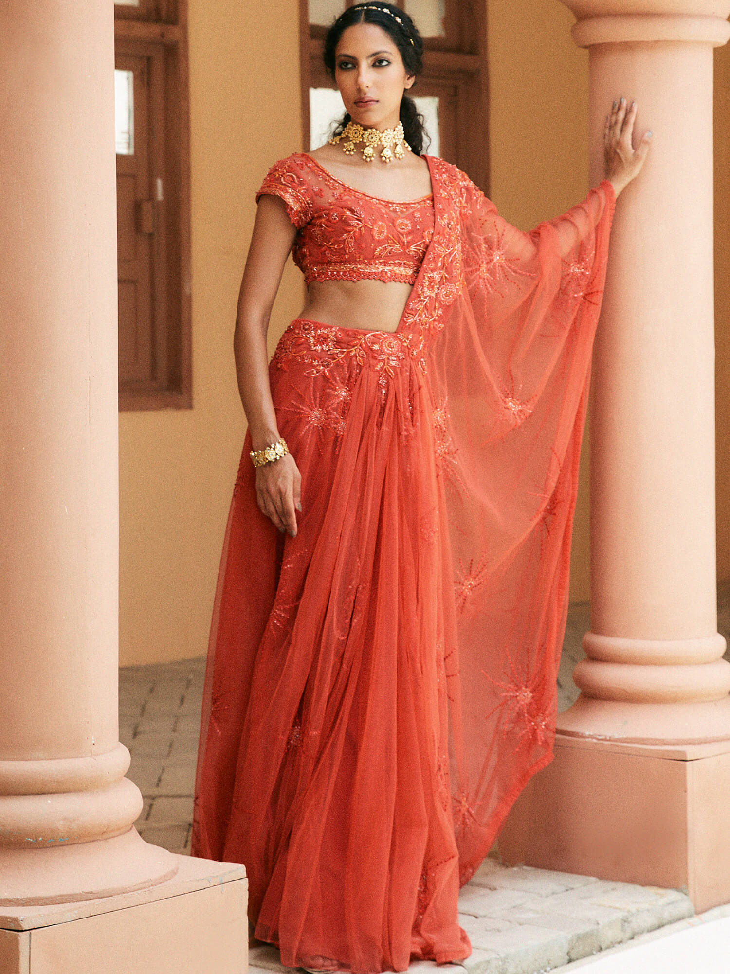 Indian Carrot Embroidered Net Saree Set (2-Piece) - Image 3