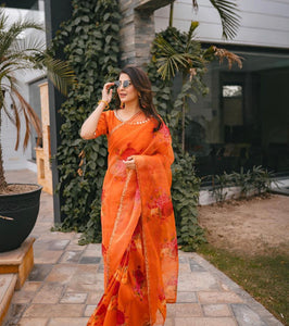 Pakistani Orange Floral Organza Saree with Silk Blouse (2-Piece) - Image 1