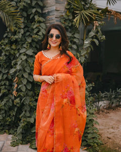 Pakistani Orange Floral Organza Saree with Silk Blouse (2-Piece) - Image 3