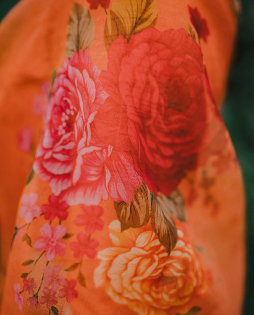 Pakistani Orange Floral Organza Saree with Silk Blouse (2-Piece) - Image 6