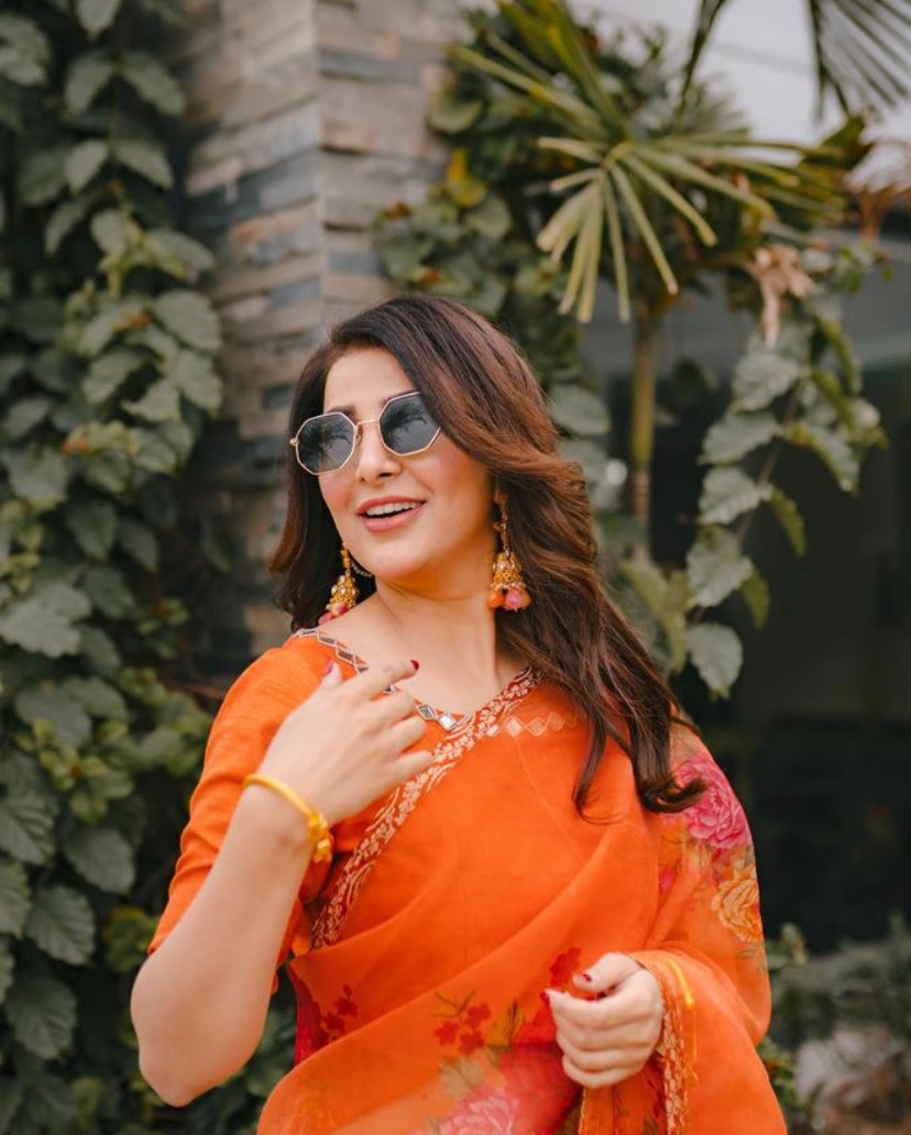 Pakistani Orange Floral Organza Saree with Silk Blouse (2-Piece) - Image 7