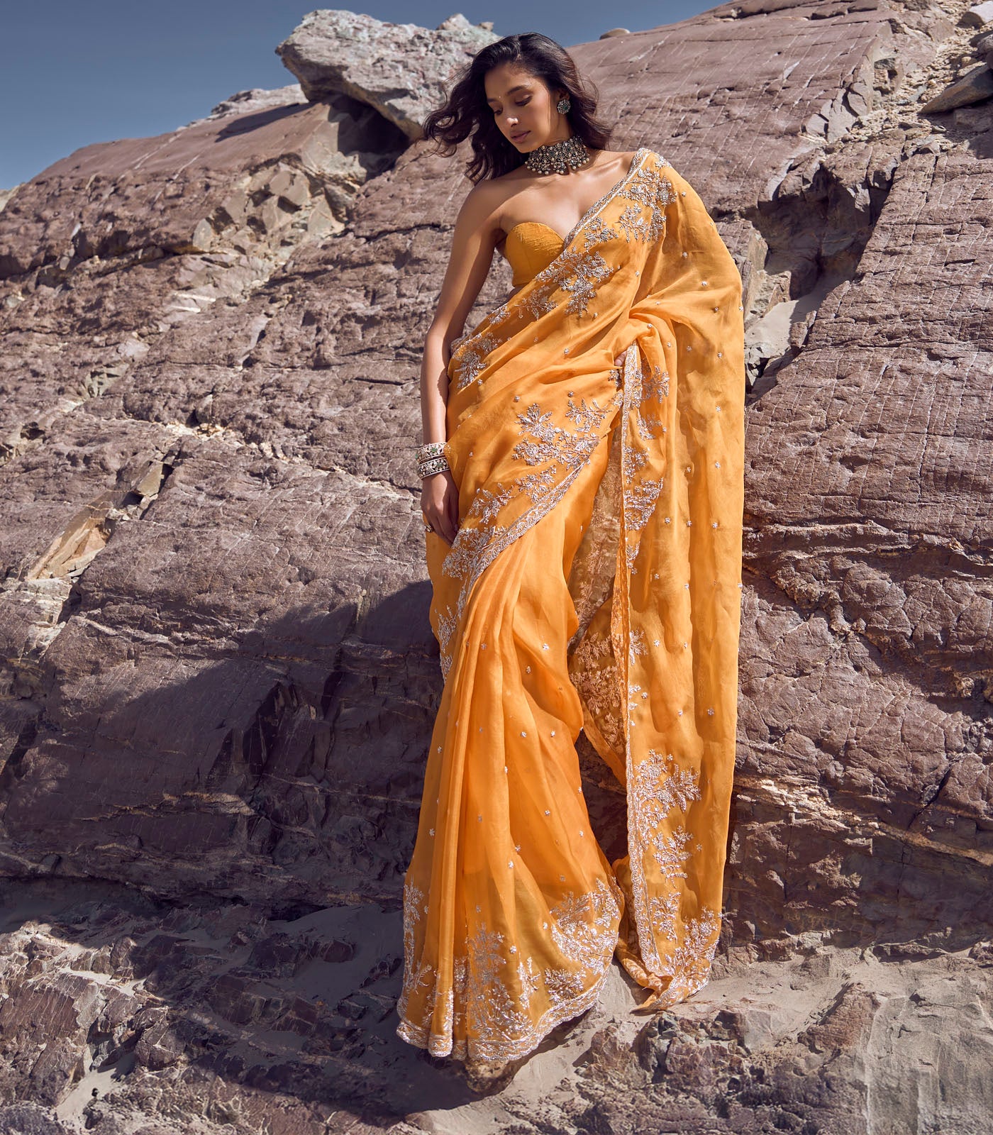 Indian Orange Embroidered Organza Saree (2-Piece) - Image 1