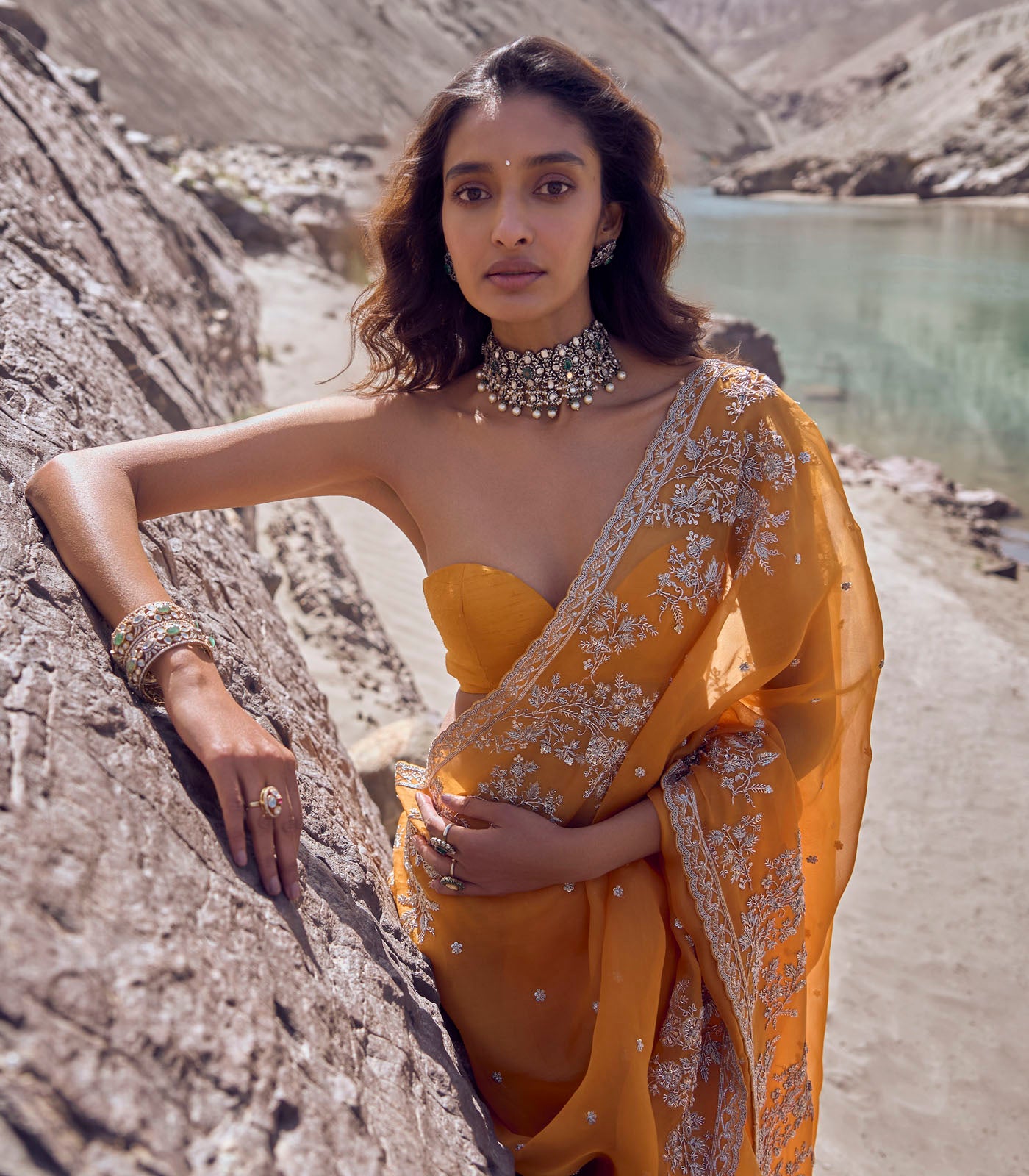 Indian Orange Embroidered Organza Saree (2-Piece) - Image 2