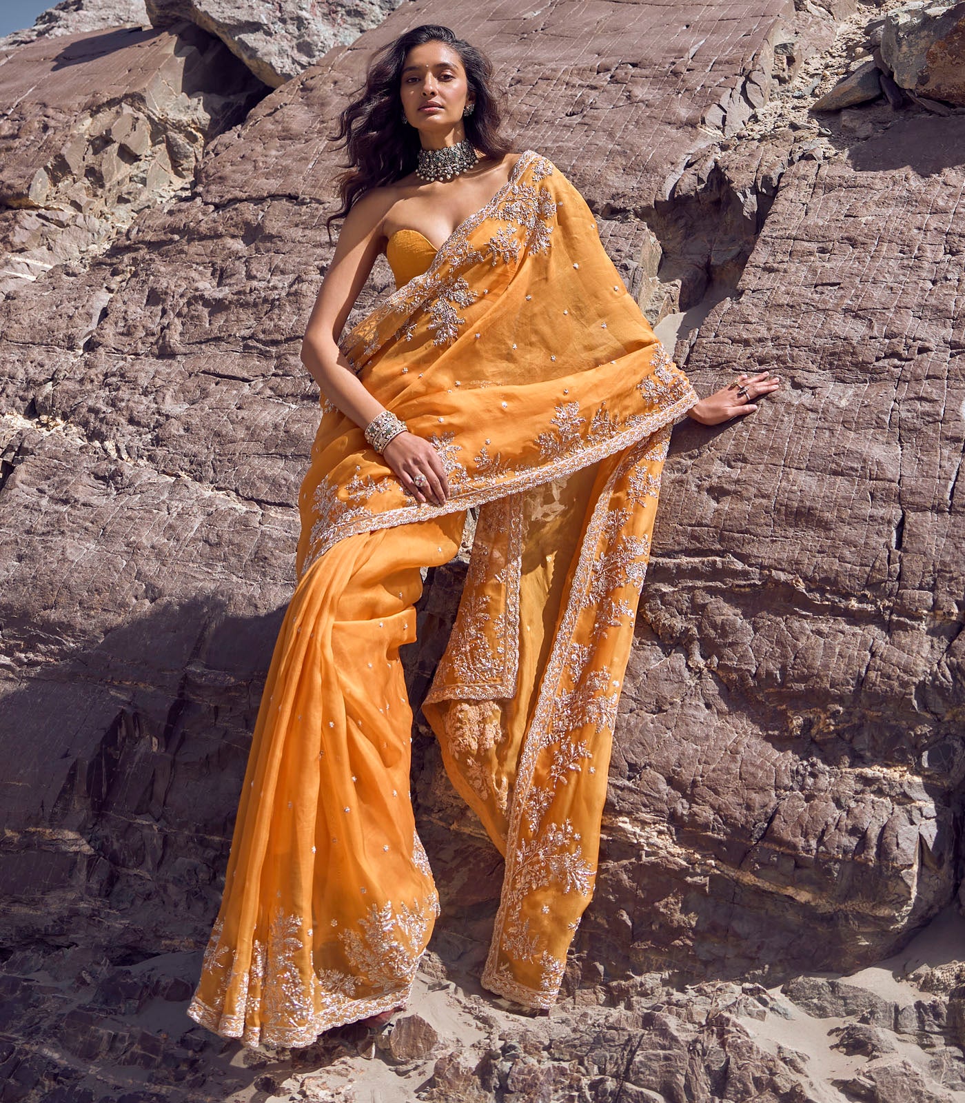 Indian Orange Embroidered Organza Saree (2-Piece) - Image 3
