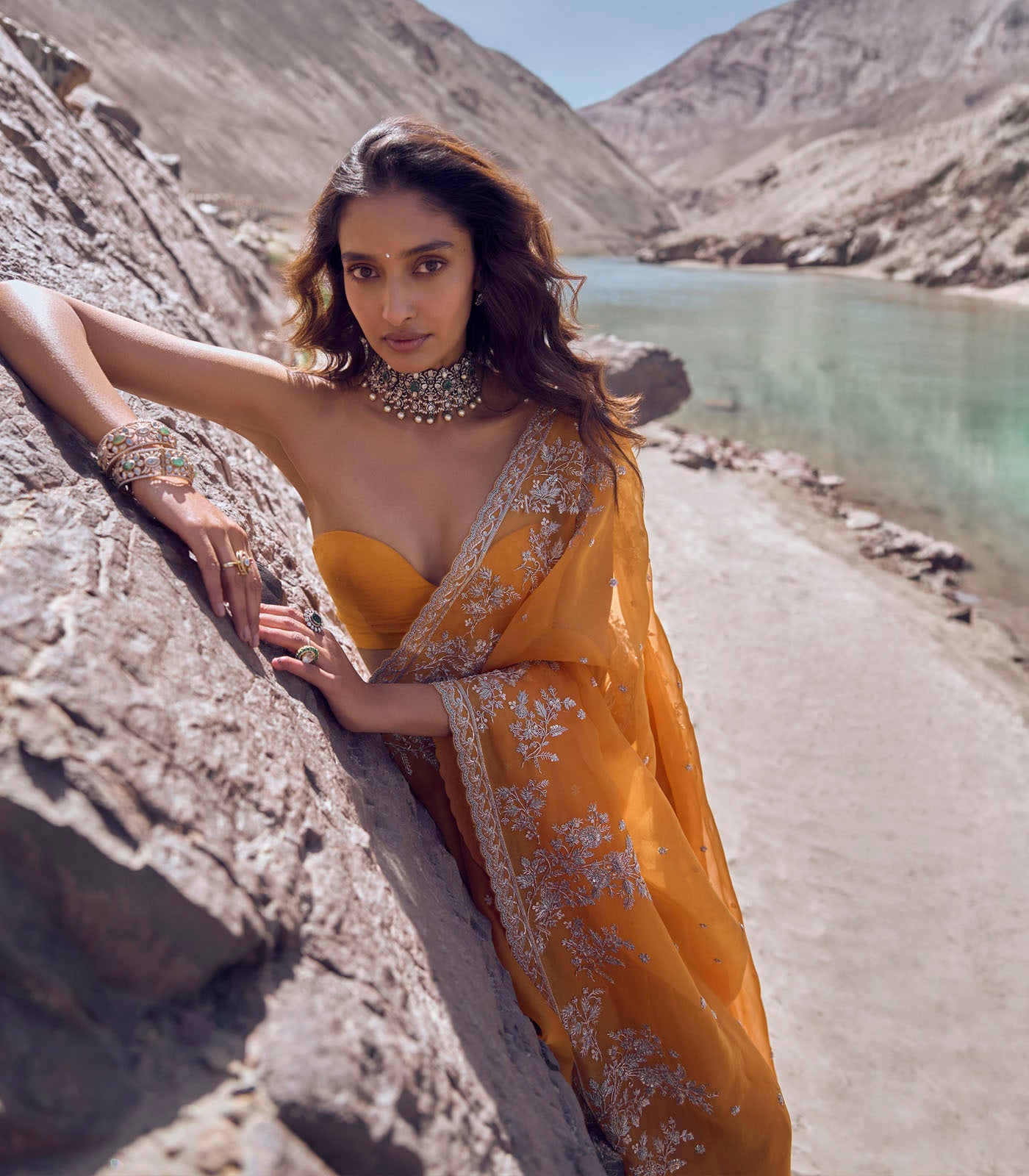 Indian Orange Embroidered Organza Saree (2-Piece) - Image 4