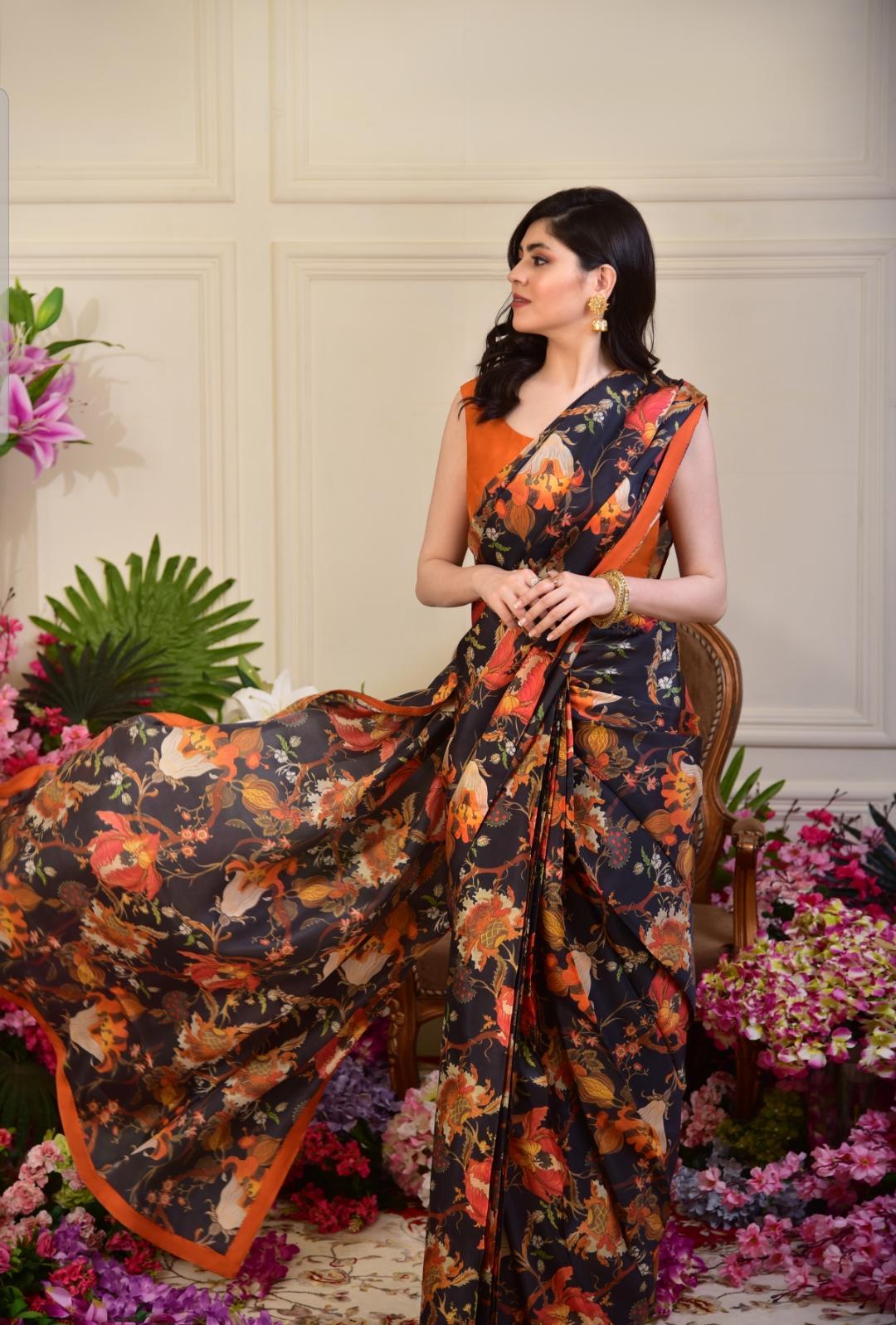 Burnt Orange Embroidered Pure Silk Saree (2-Piece) - Image 2