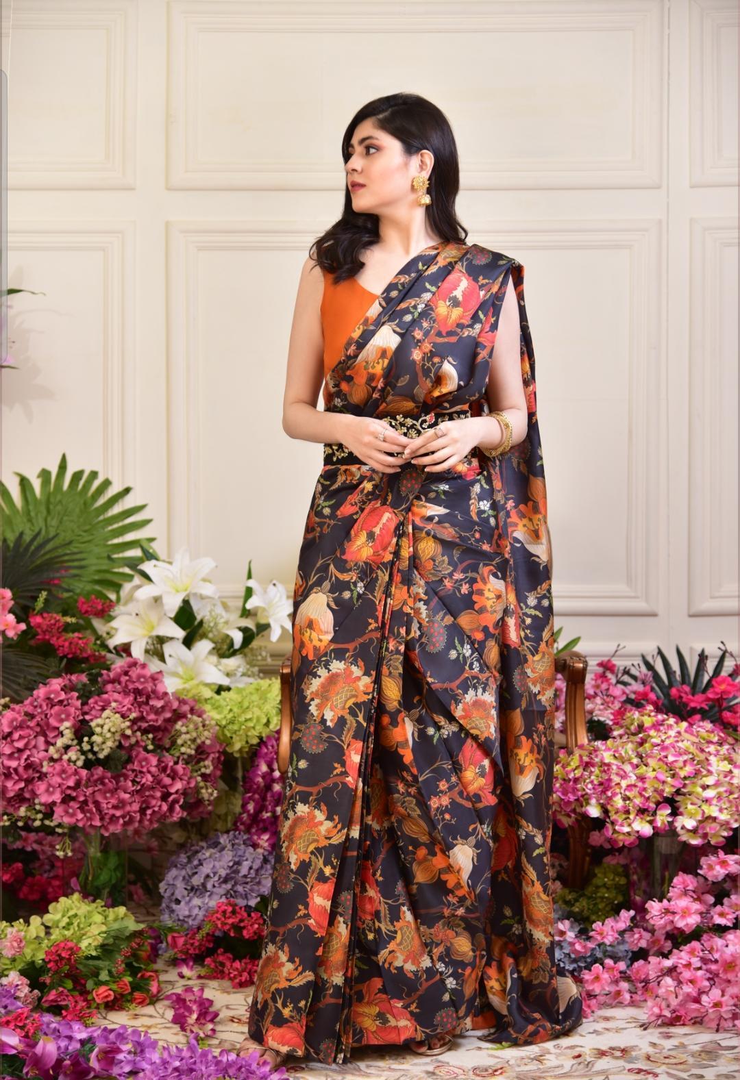 Burnt Orange Embroidered Pure Silk Saree (2-Piece) - Image 3
