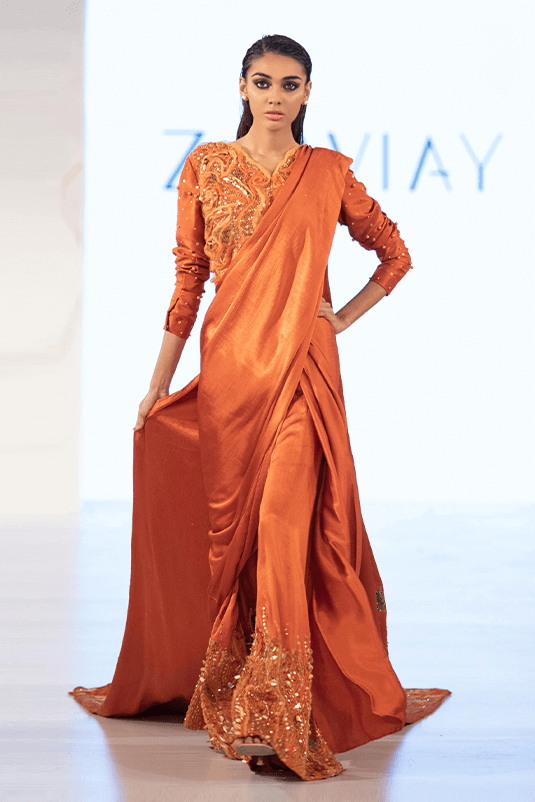 Burnt Orange Embellished Silk Pant Saree (1-Pc) - Image 1