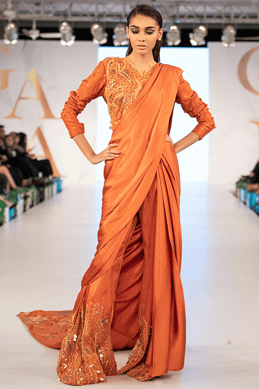 Burnt Orange Embellished Silk Pant Saree (1-Pc) - Image 3