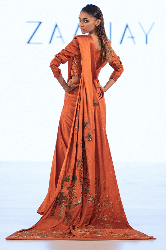 Burnt Orange Embellished Silk Pant Saree (1-Pc) - Image 4