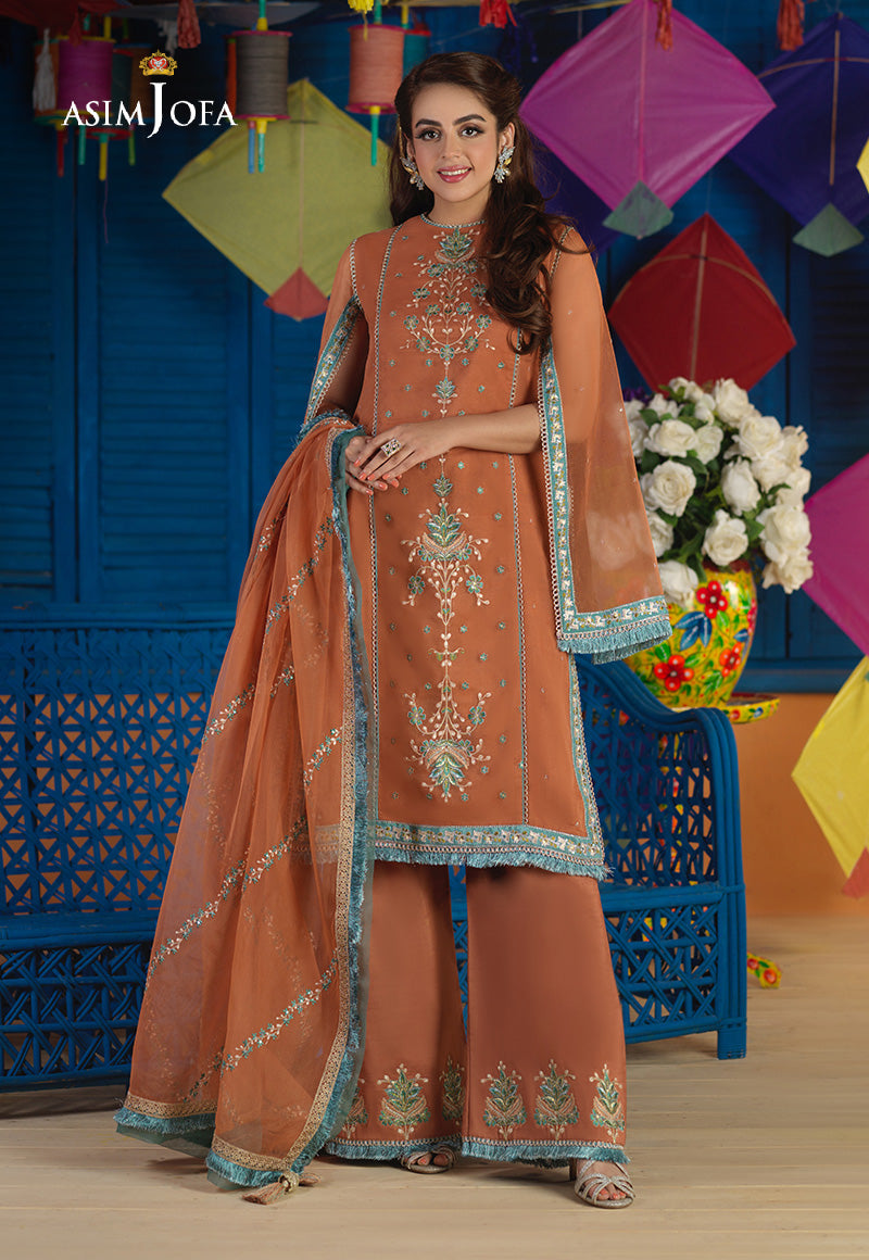 Pakistani Orange Embroidered Cotton Net Dhaka Pajama (3-Piece) - Image 4