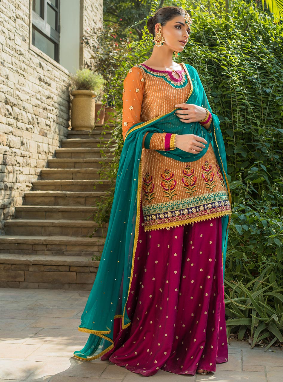 Pakistani Orange Embroidered Khaadi Net Sharara (3-Piece) - Image 4