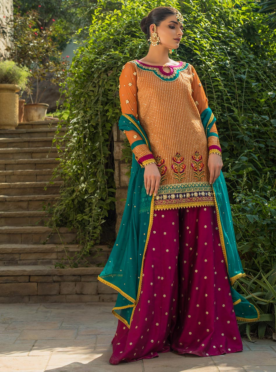 Orange Embroidered Khaadi Net Sharara (3-Piece) - Image 4