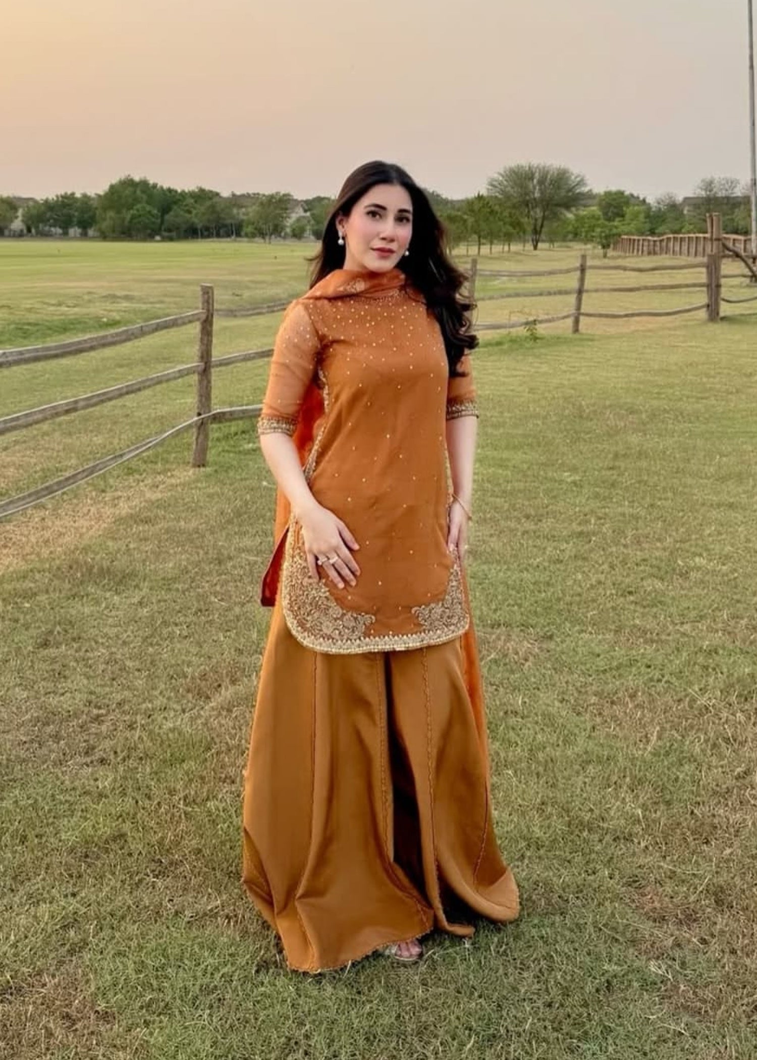 Pakistani Rust Orange Adda Embroidered Organza Sharara (3-Piece) - Image 1