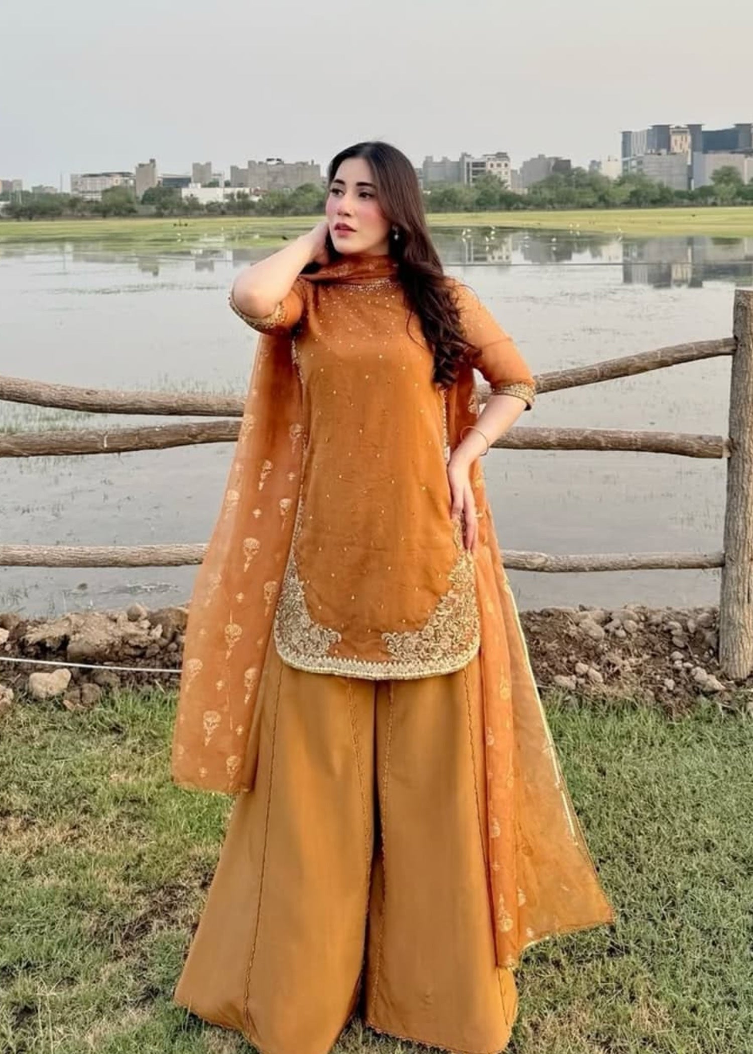 Pakistani Rust Orange Adda Embroidered Organza Sharara (3-Piece) - Image 2