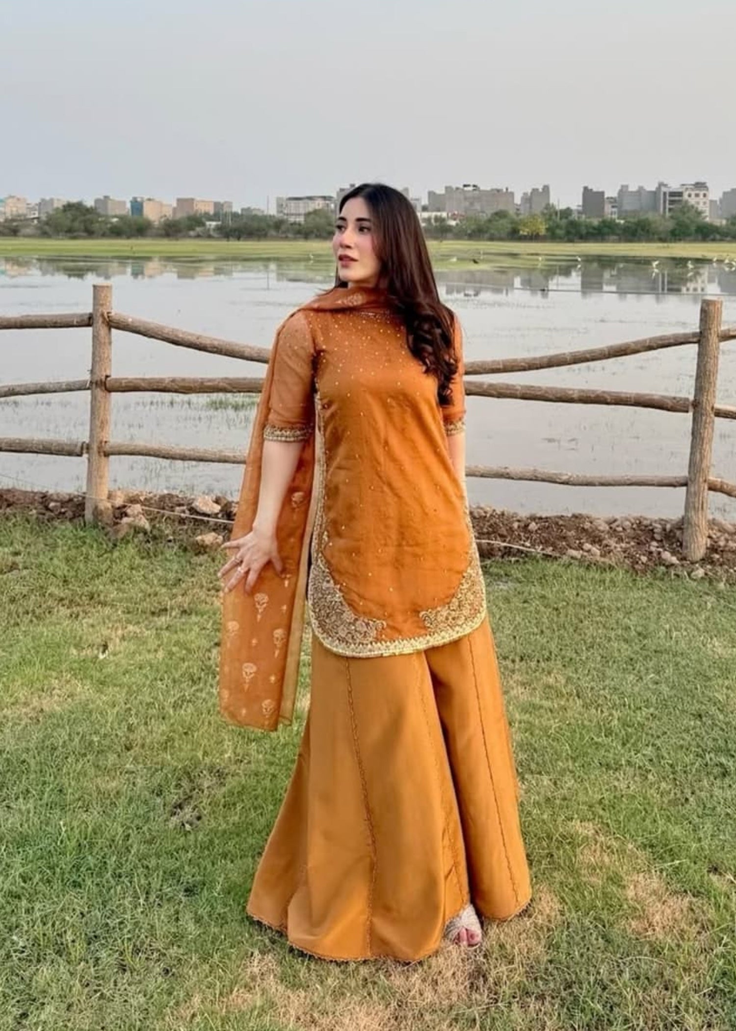 Pakistani Rust Orange Adda Embroidered Organza Sharara (3-Piece) - Image 3