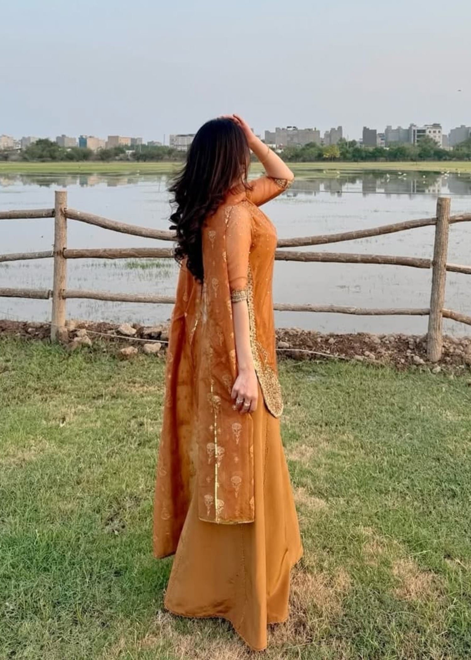 Pakistani Rust Orange Adda Embroidered Organza Sharara (3-Piece) - Image 4