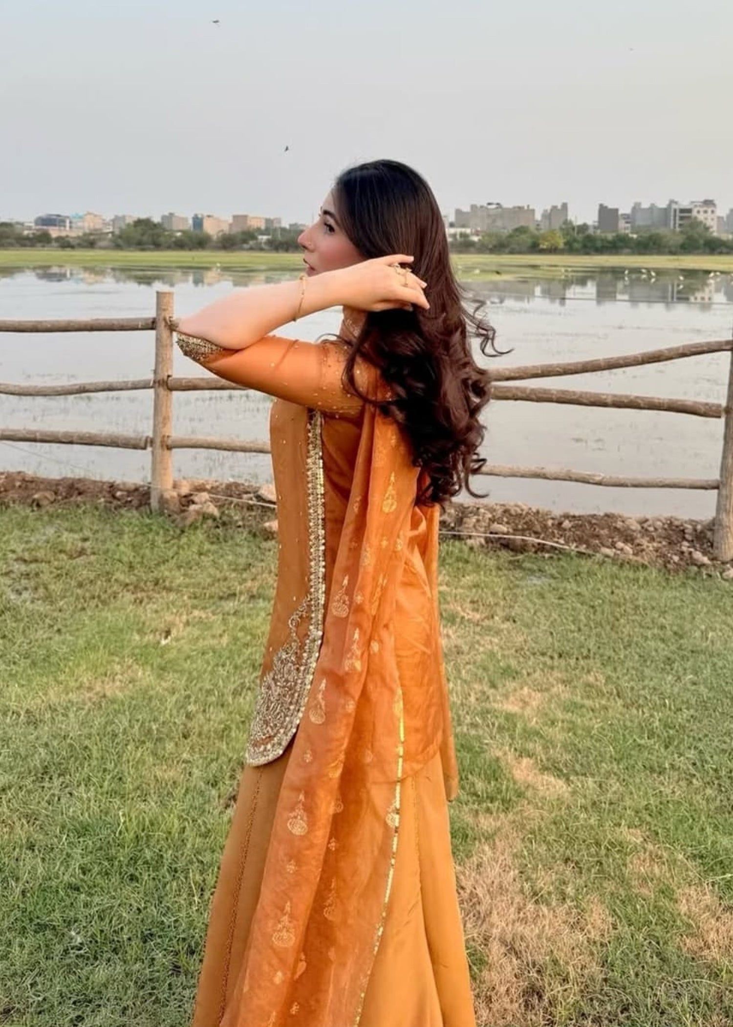 Pakistani Rust Orange Adda Embroidered Organza Sharara (3-Piece) - Image 7