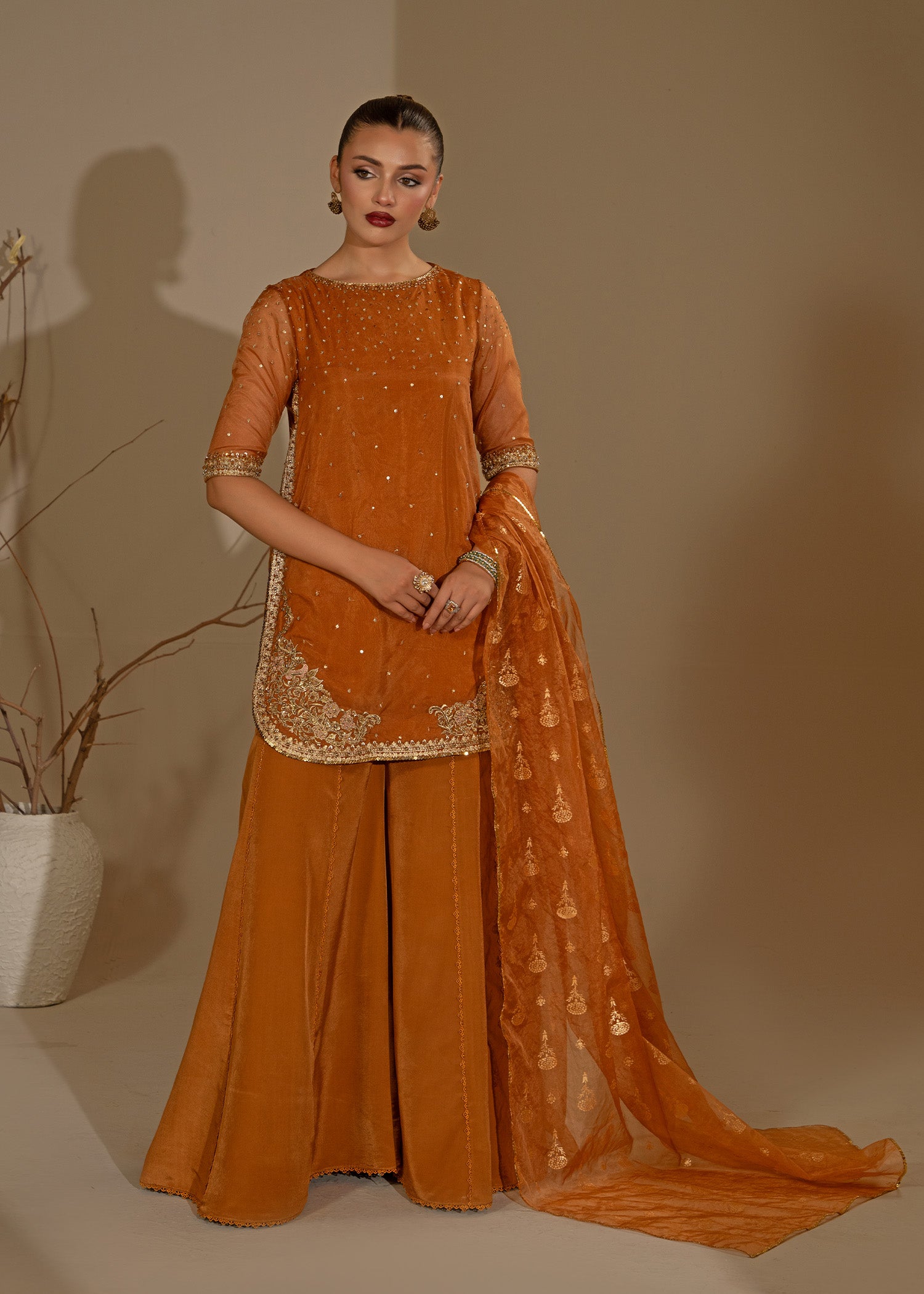 Rust Orange Embroidered Organza Sharara (3-Piece) - Image 1