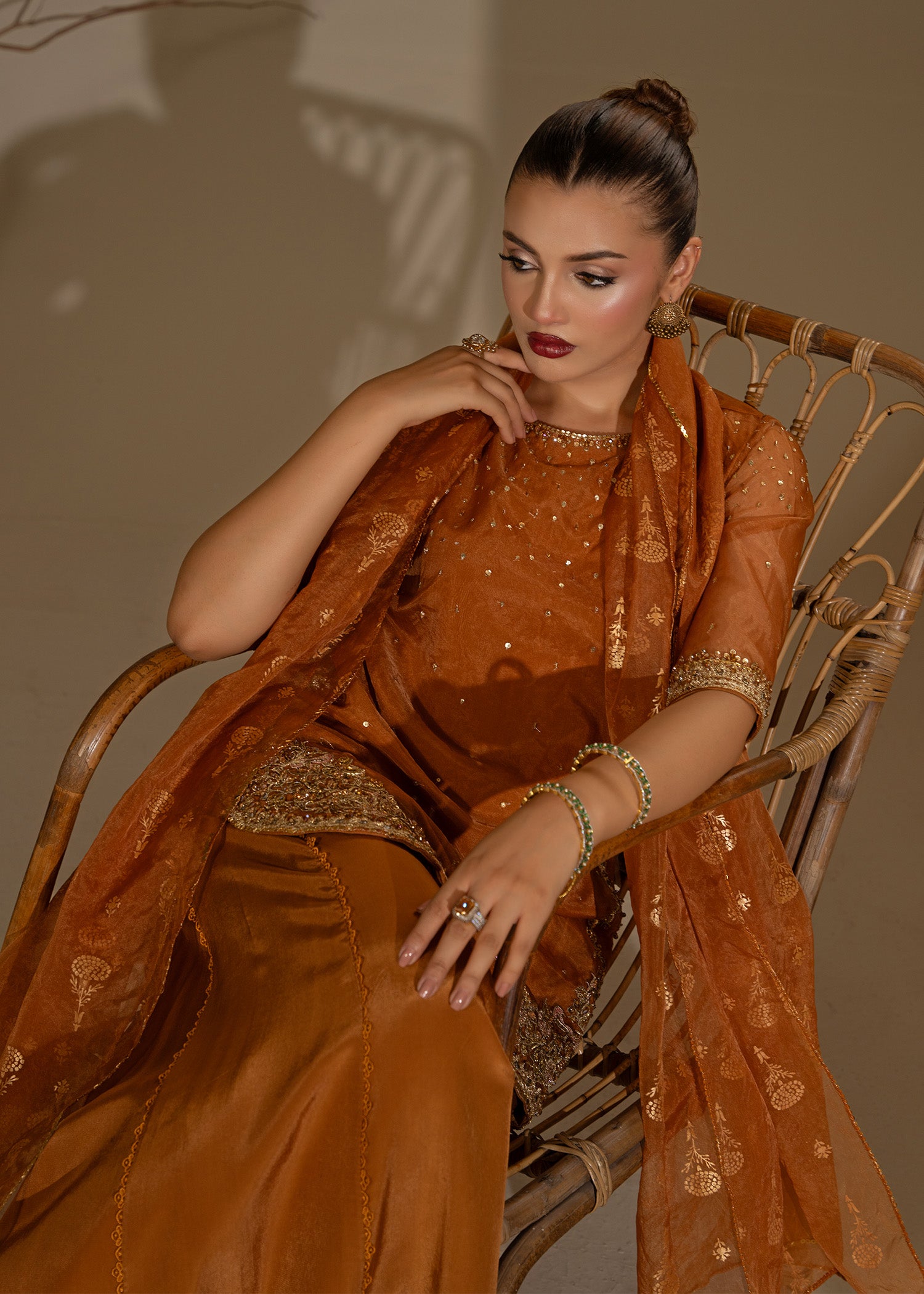Rust Orange Embroidered Organza Sharara (3-Piece) - Image 2