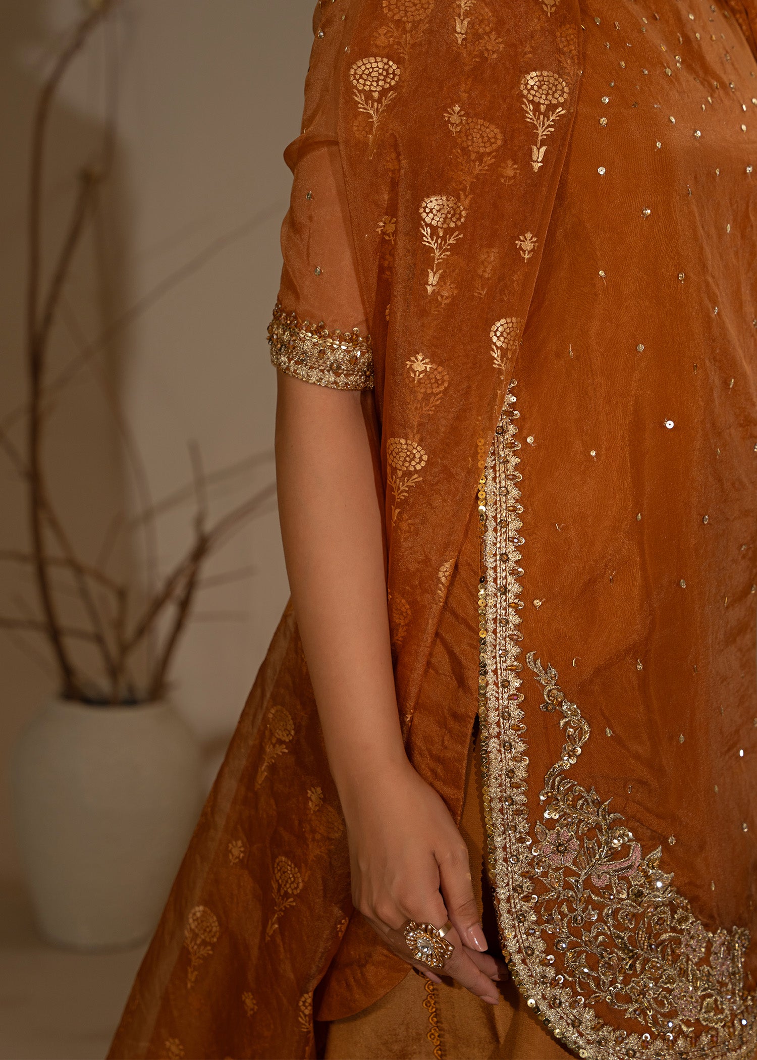 Rust Orange Embroidered Organza Sharara (3-Piece) - Image 3