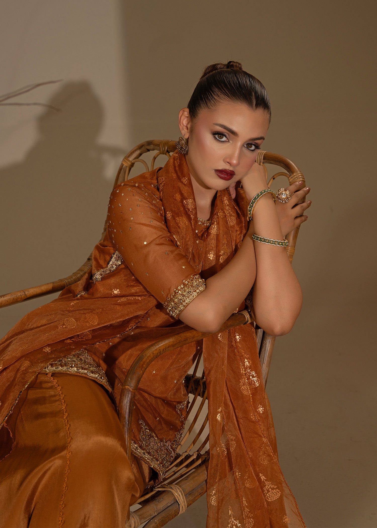 Rust Orange Embroidered Organza Sharara (3-Piece) - Image 6