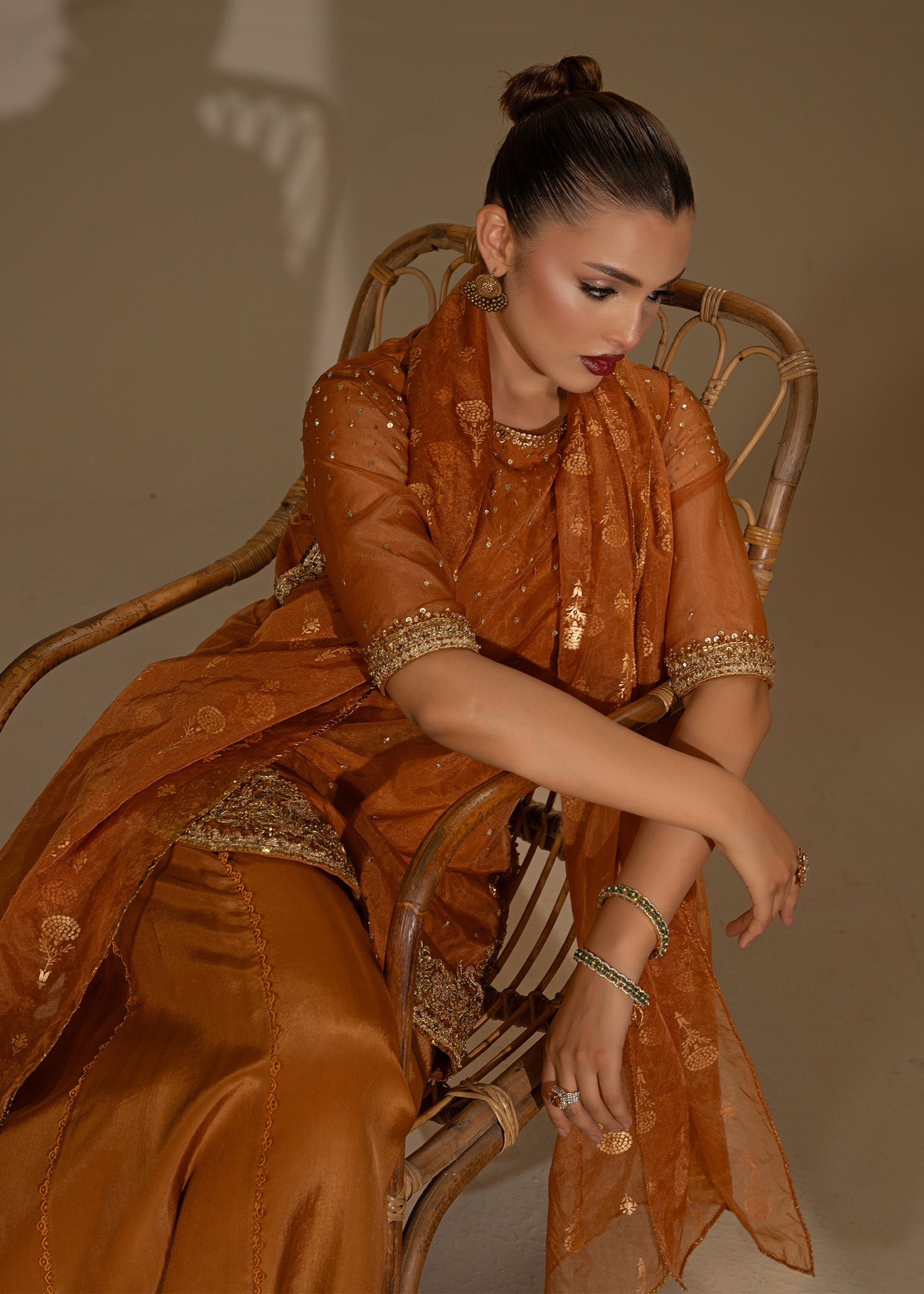 Rust Orange Embroidered Organza Sharara (3-Piece) - Image 7