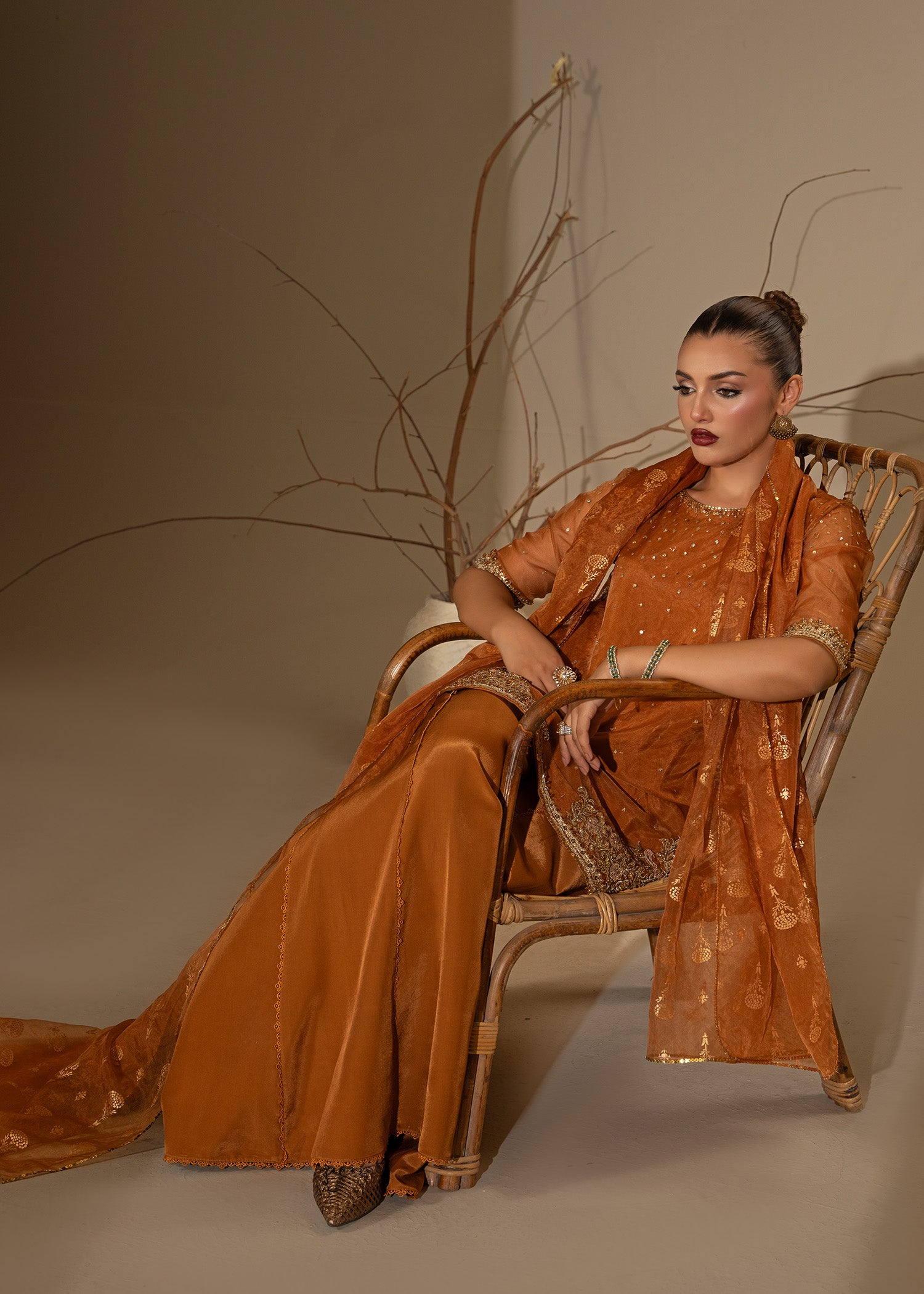 Rust Orange Embroidered Organza Sharara (3-Piece) - Image 8