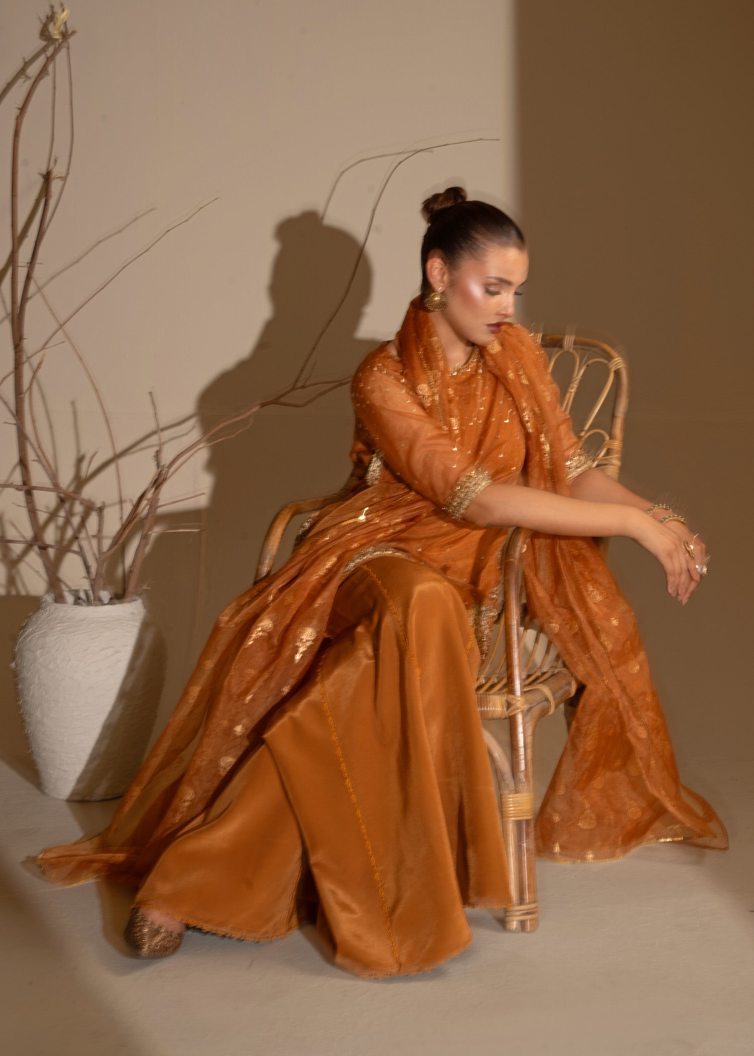 Rust Orange Embroidered Organza Sharara (3-Piece) - Image 9