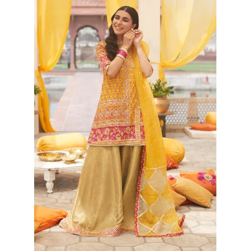 Pakistani Orange Peel Embroidered Raw Silk Angrakha Sharara (3-Piece) - Image 1