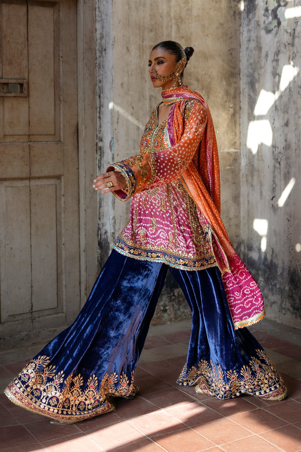 Pakistani Orange Gota Zardozi Silk Chunri Kurta & Velvet Sharara (3-Piece) - Image 2