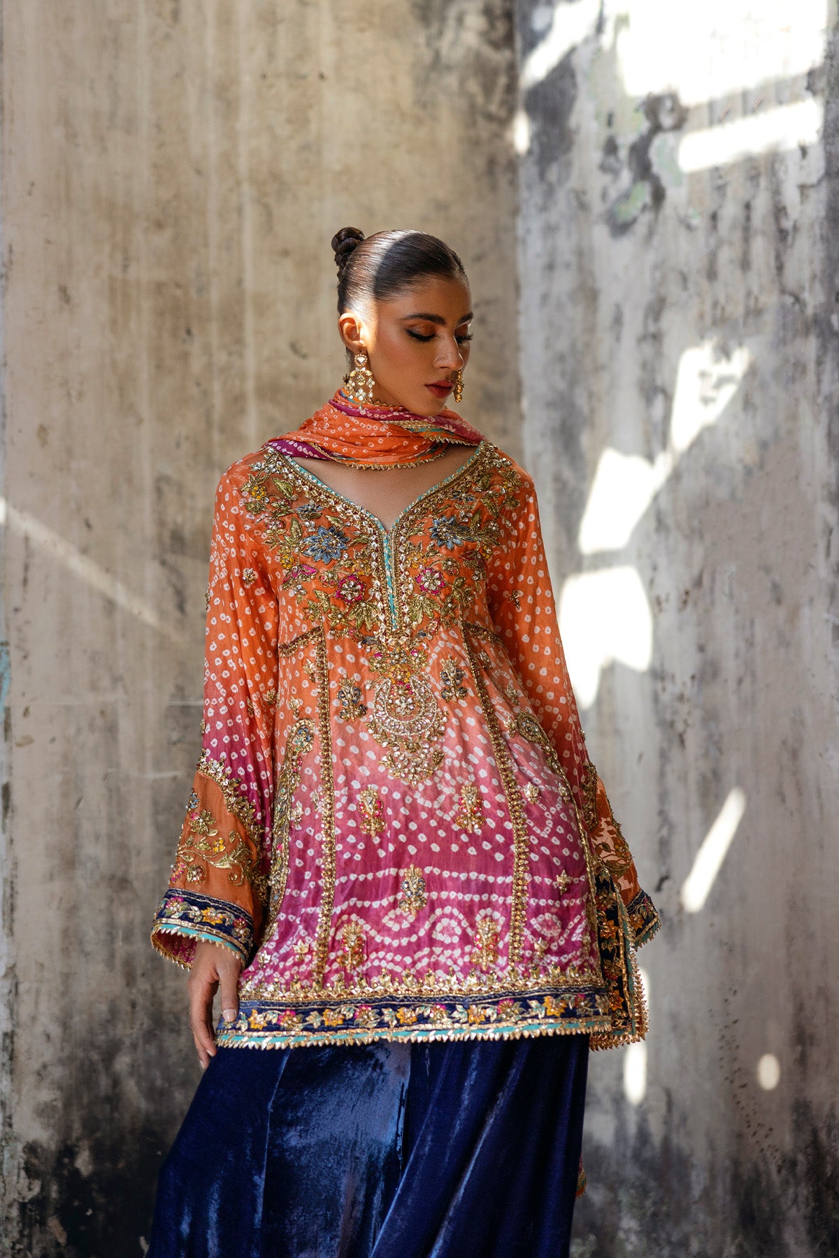 Pakistani Orange Gota Zardozi Silk Chunri Kurta & Velvet Sharara (3-Piece) - Image 3