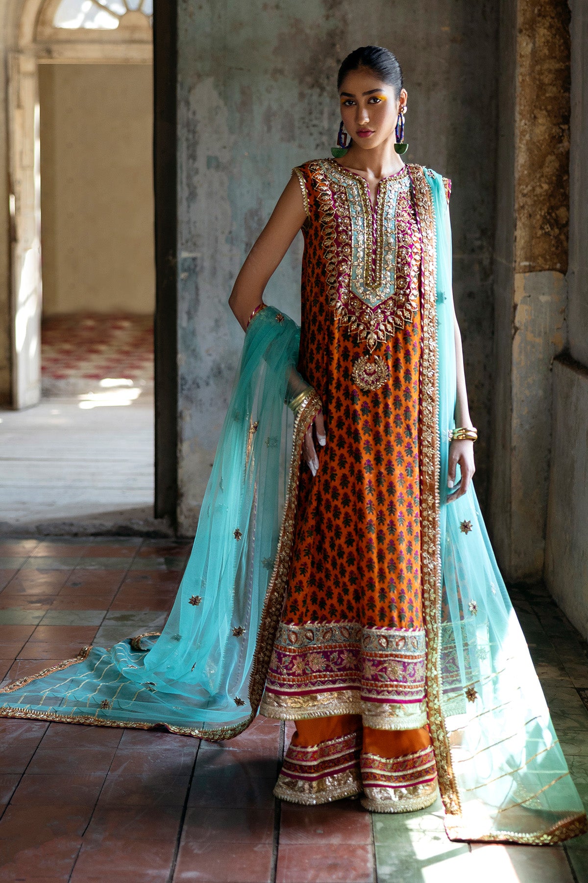 Pakistani Orange Gota Zardozi Grip Kameez with Silk Sharara (2-Piece) - Image 1