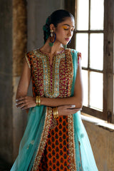 Pakistani Orange Gota Zardozi Grip Kameez with Silk Sharara (2-Piece) - Image 3