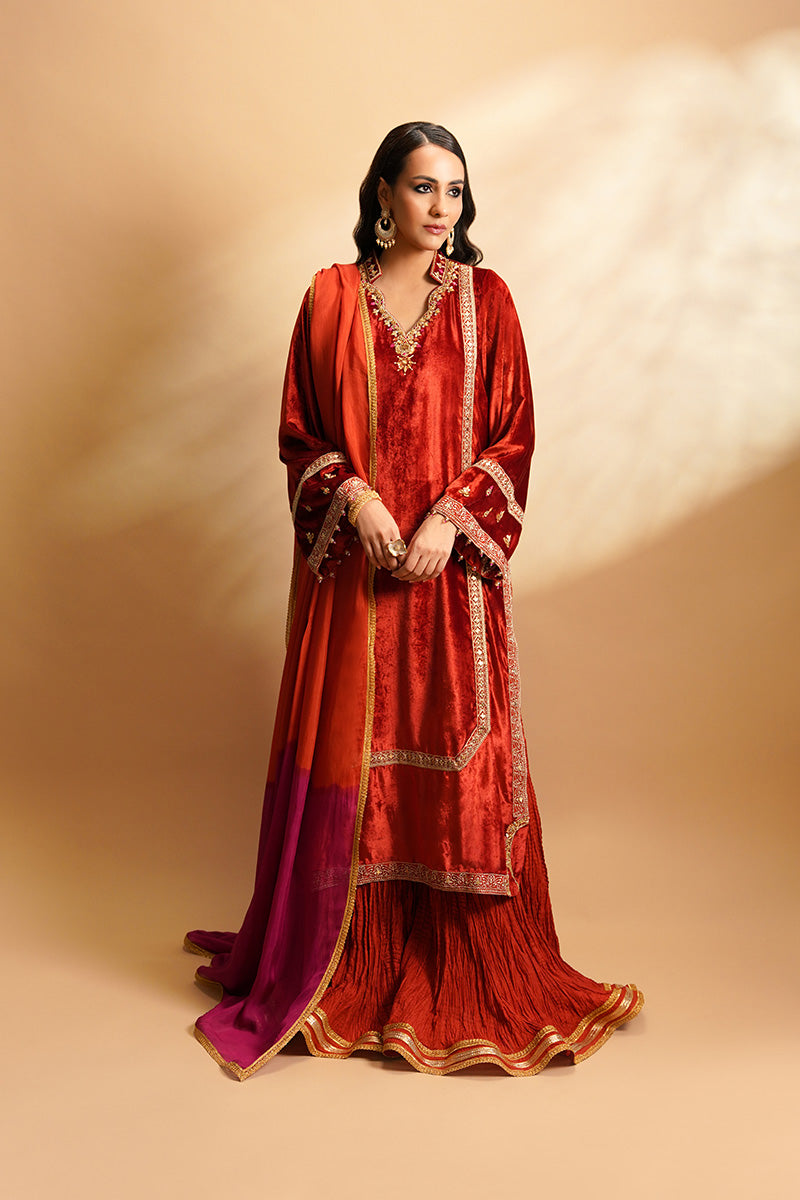 Pakistani Orange Embroidered Velvet Sharara (3-Piece) - Image 1