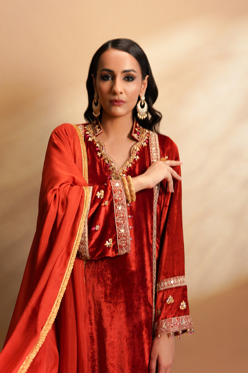 Pakistani Orange Embroidered Velvet Sharara (3-Piece) - Image 3