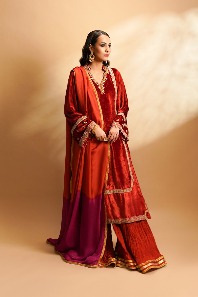 Pakistani Orange Embroidered Velvet Sharara (3-Piece) - Image 4