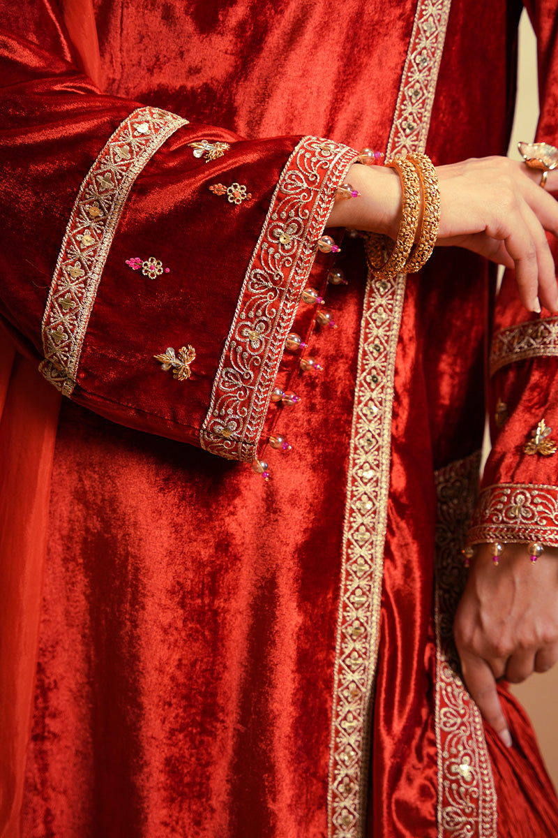 Pakistani Orange Embroidered Velvet Sharara (3-Piece) - Image 5