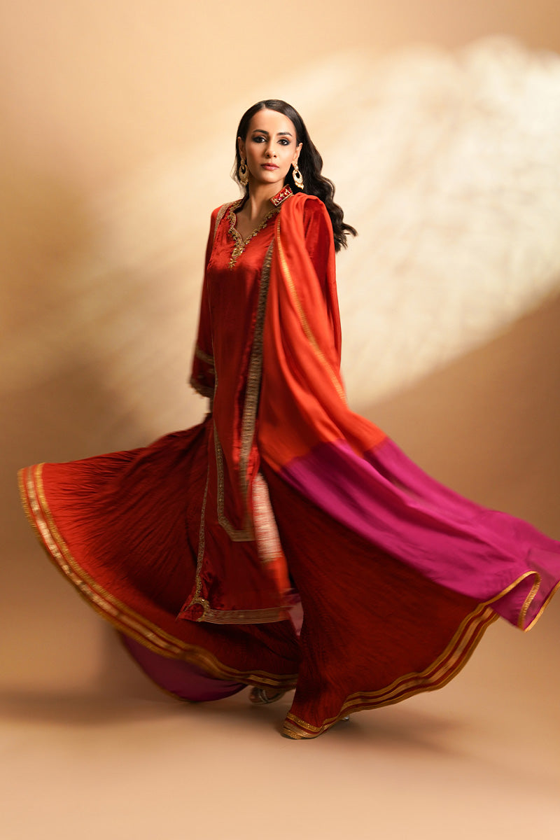 Pakistani Orange Embroidered Velvet Sharara (3-Piece) - Image 7