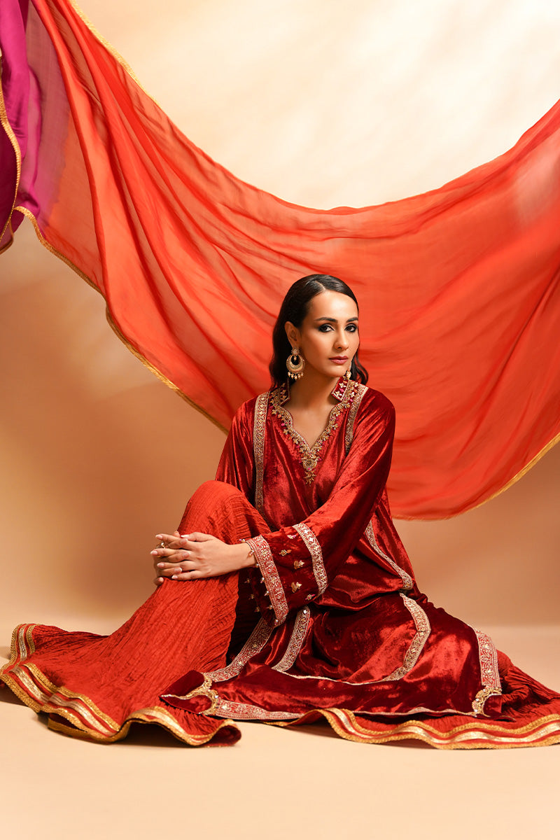 Pakistani Orange Embroidered Velvet Sharara (3-Piece) - Image 8