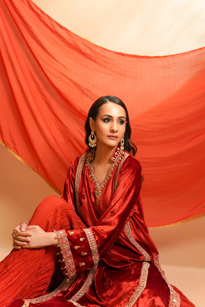 Pakistani Orange Embroidered Velvet Sharara (3-Piece) - Image 9