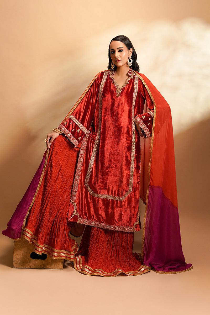 Orange Embroidered Velvet & Tissue Silk Sharara (3-Piece) - Image 3