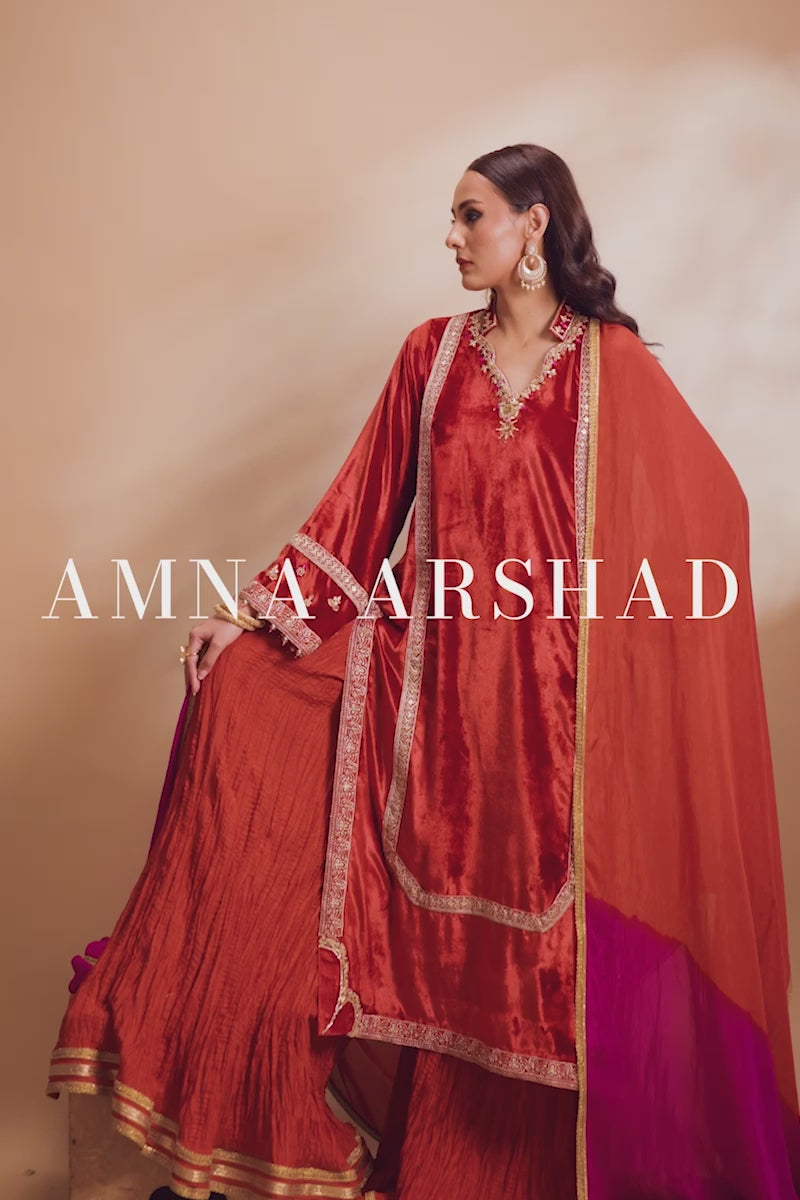 Orange Embroidered Velvet & Tissue Silk Sharara (3-Piece) - Image 8