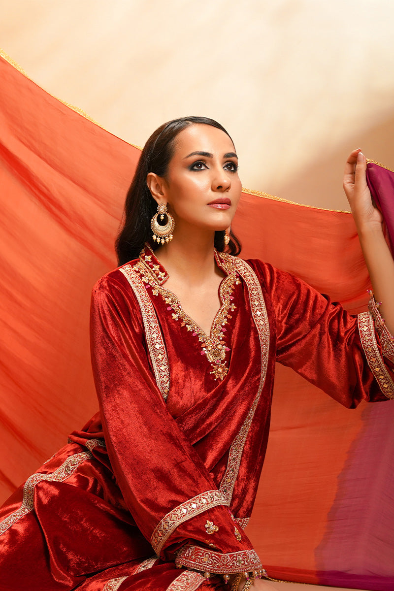 Orange Embroidered Velvet & Tissue Silk Sharara (3-Piece) - Image 9