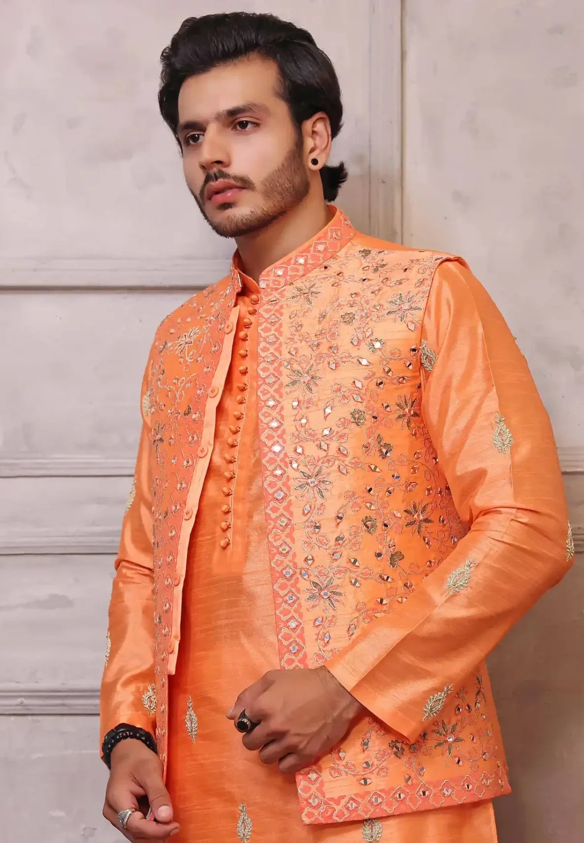 Orange Mirrorwork Cotton-Silk Waistcoat Kurta Set (3-Piece) - Image 1