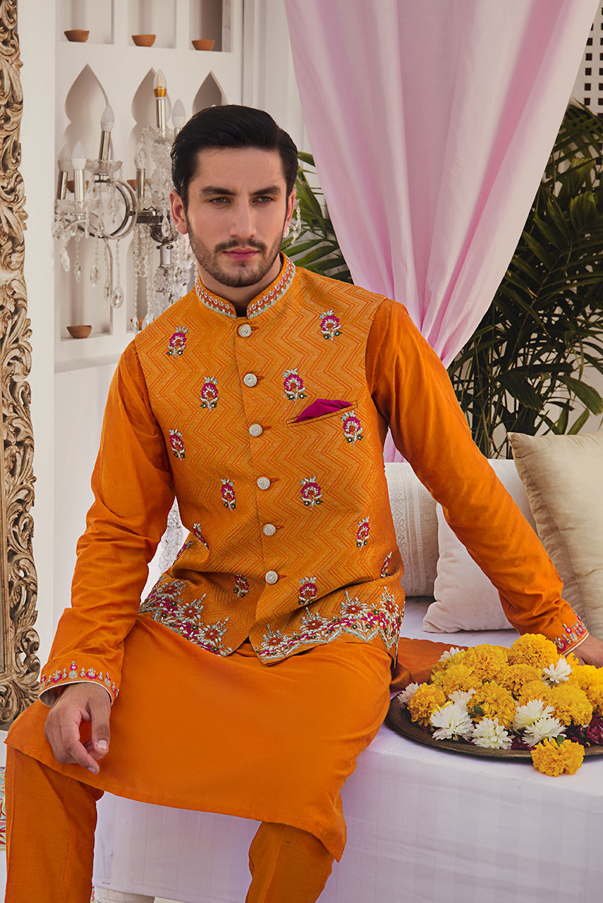 Orange Embroidered Cotton Silk Waistcoat Kurta (3-Piece) - Image 2